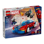 LEGO Marvel Pókember versenyautó – Venomizált Zöld Manó (76279) dobozkép: elölről fotózott csomagolás, középpontban a versenyautó, Ghost-Spider gördeszkán, háttérben Venomizált Zöld Manó és narancssárga bombája