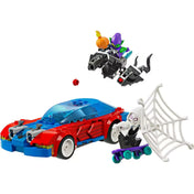 LEGO Marvel Pókember versenyautó – Venomizált Zöld Manó (76279) készlet: Pókember piros-kék versenyautója kinyitható motorháztetővel, Venomizált Zöld Manó lebegő siklóval és tök alakú bombával, Ghost-Spider gördeszkán, hálóvetővel támadva