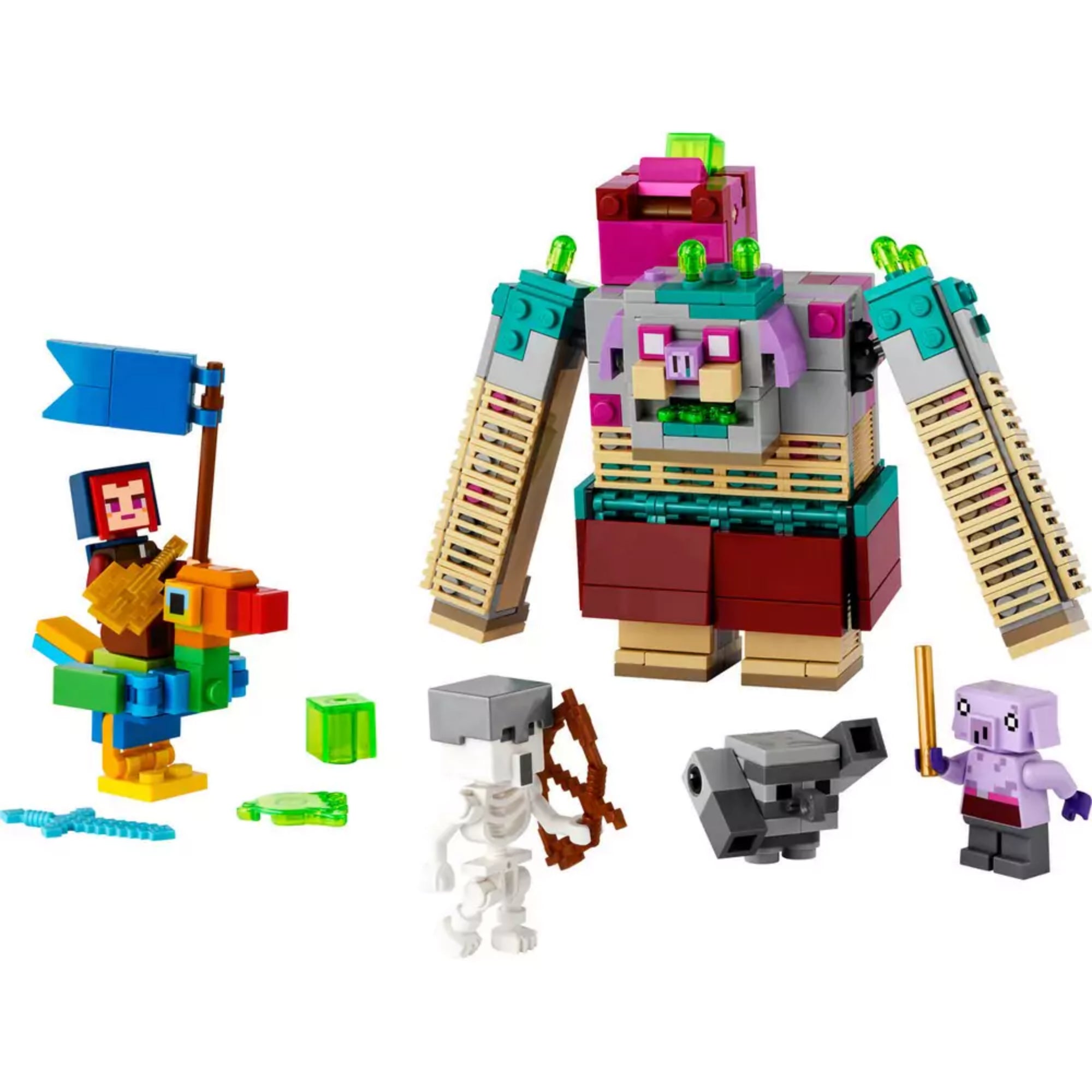 LEGO Minecraft A Zabáló leszámolás (21257) teljes készlet színes figurákkal: óriási Zabáló szörny, lovas hős zászlóval, csontváz, malac és varázsló karakter.