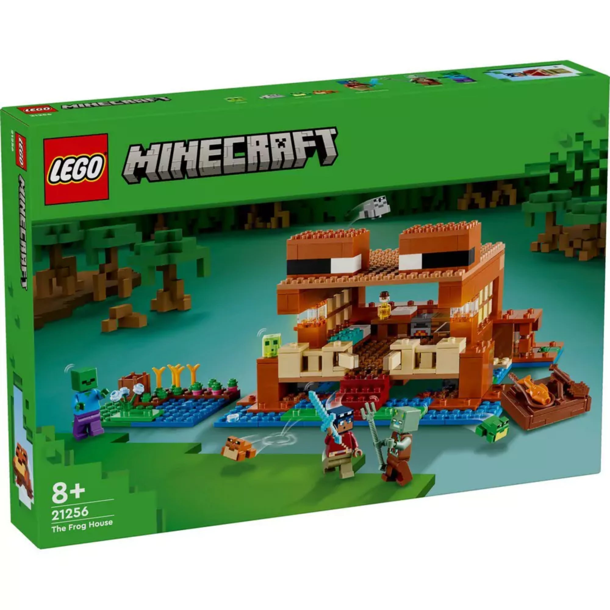 LEGO Minecraft A békaház (21256) zöld színű doboza elölnézetből, a mocsaras jelenet és karakterek láthatók a borítón.