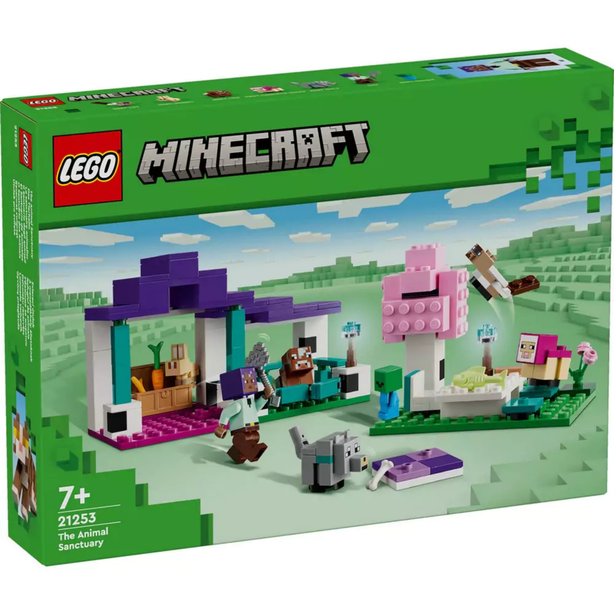 LEGO Minecraft A menedékhely állatoknak (21253) szett doboza elölnézetből, rajta a felépíthető menedék, rózsaszín fa, több Minecraft-állat és minifigura, zöld háttérrel.