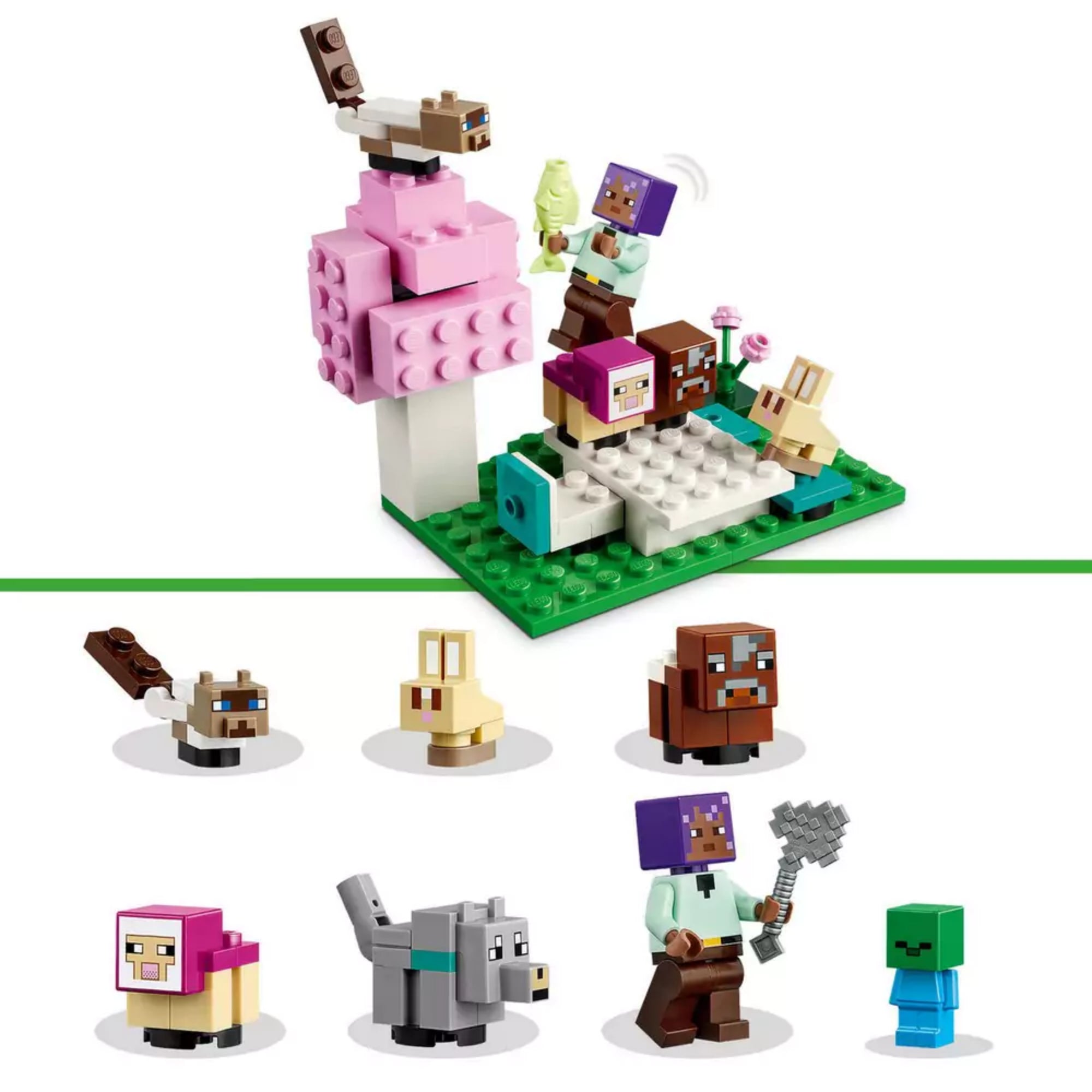 A LEGO Minecraft A menedékhely állatoknak (21253) szereplői közelről: barna tehén, fehér nyúl, rózsaszín bárány, macska, farkas, egy játékos karakter és egy miniatűr zombi figura.