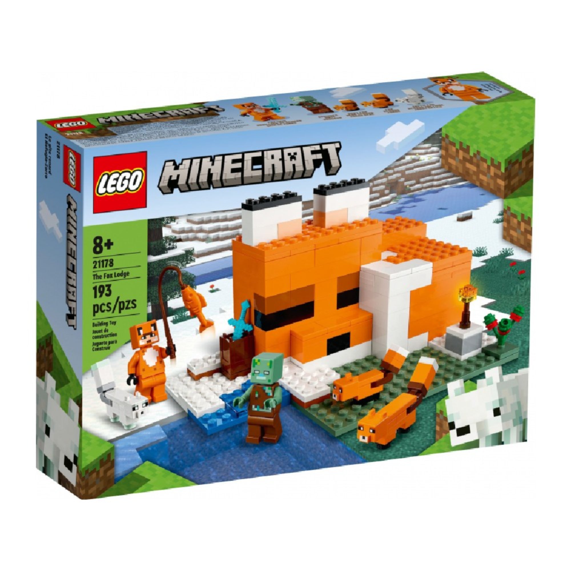 LEGO Minecraft A rókaházikó (21178) doboza, amelyen a hóval borított tájon álló rókafej alakú ház, minifigurák és állatok láthatók.