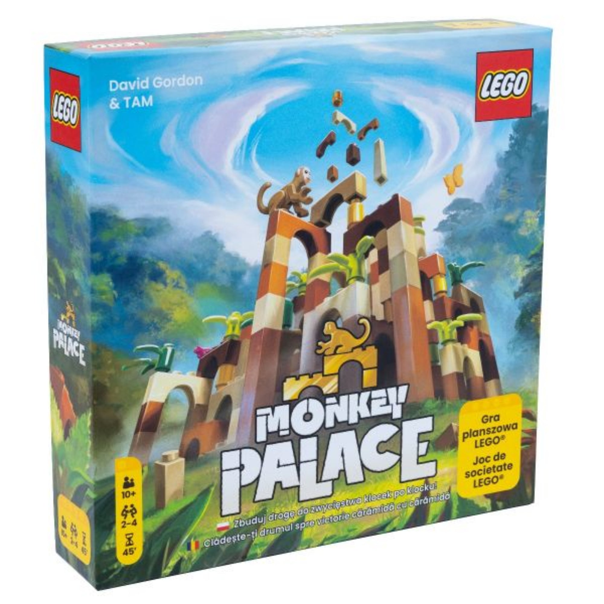 A LEGO Monkey Palace társasjáték színes doboza, amelyen egy majom mászik egy hatalmas, barna és bézs LEGO elemekből álló templomra, háttérben dzsungellel és örvénylő égbolttal.
