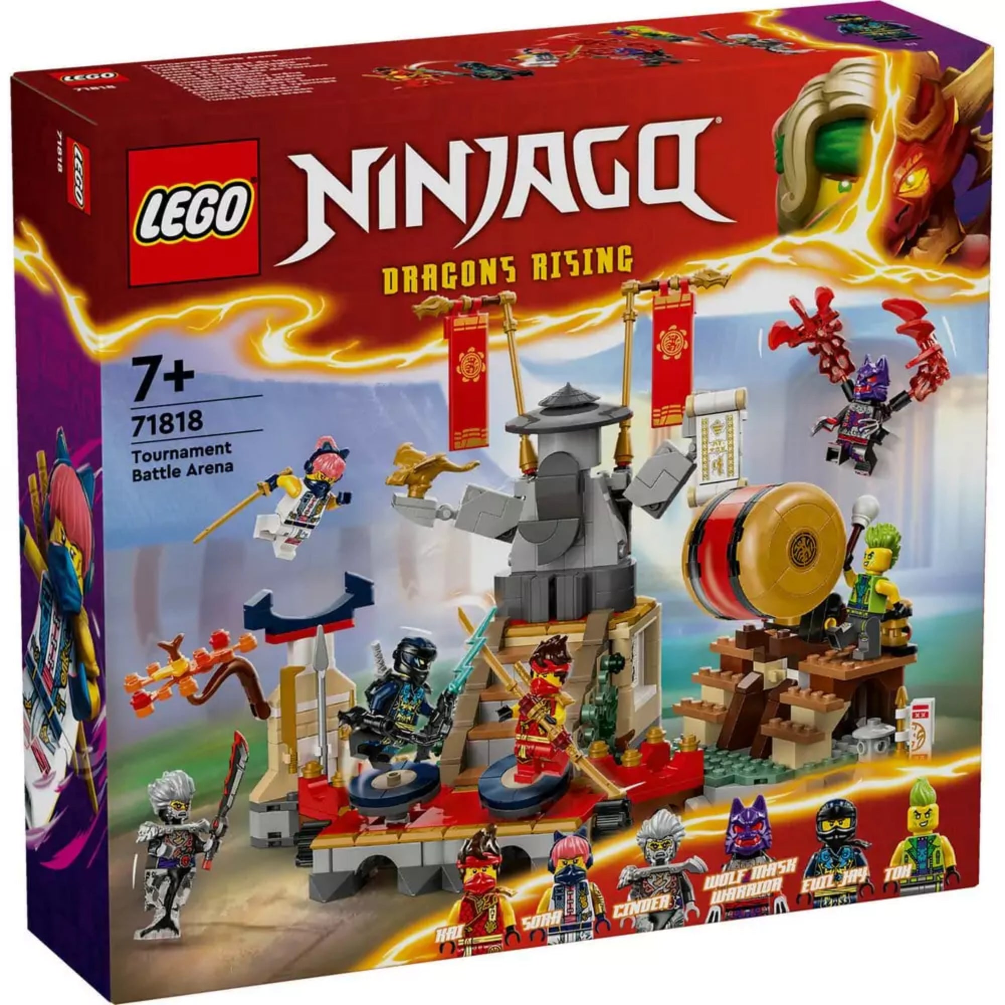 LEGO NINJAGO A bajnokok küzdőtere (71818) készlet doboza szemből, élénk színekkel, harci aréna és 6 minifigura illusztrációjával