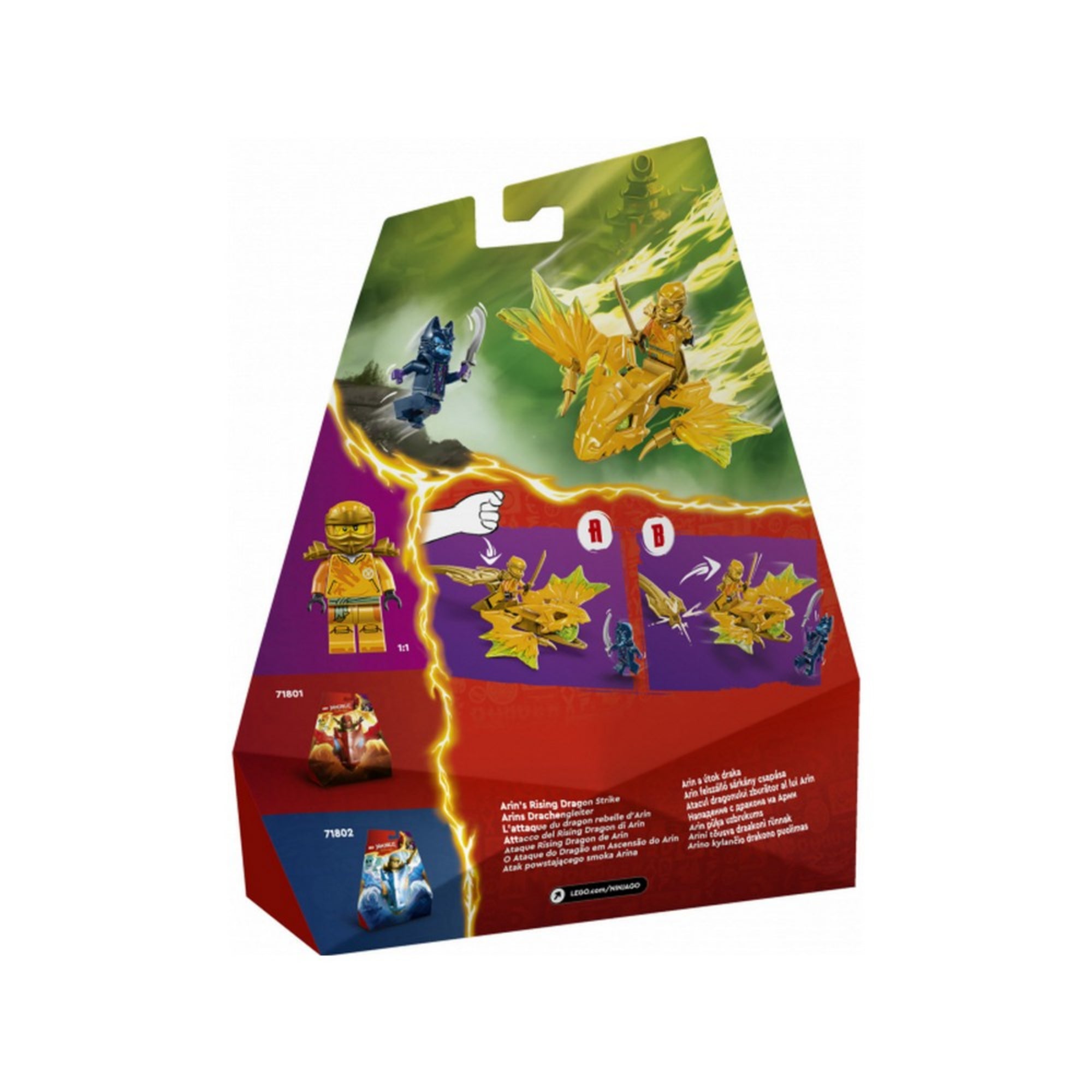 A LEGO NINJAGO Arin felszálló sárkány csapása (71803) készlet hátoldali dobozképe, amely bemutatja Arin aranysárkányos támadását, a csomagban található minifigurákat és kétféle játékmódot.