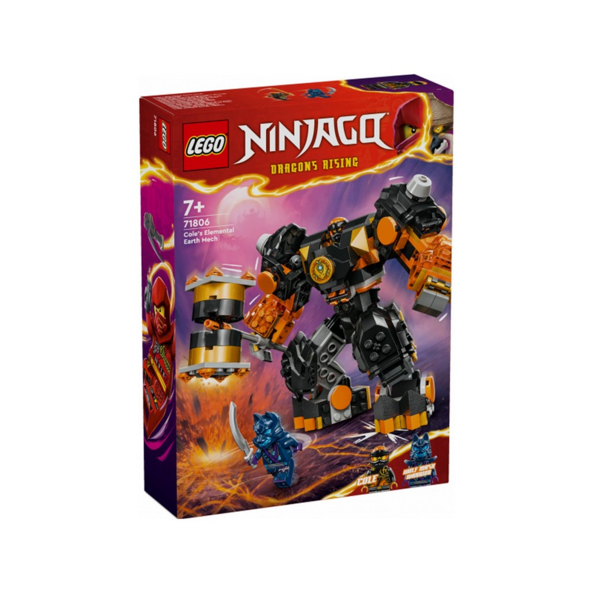 A LEGO NINJAGO 71806-os készlet dobozának előlapja, melyen a földrobot akcióban látható, ahogy megküzd az árnyharcossal, a dobozon a karakterek és a Dragon's Rising logó is szerepel.