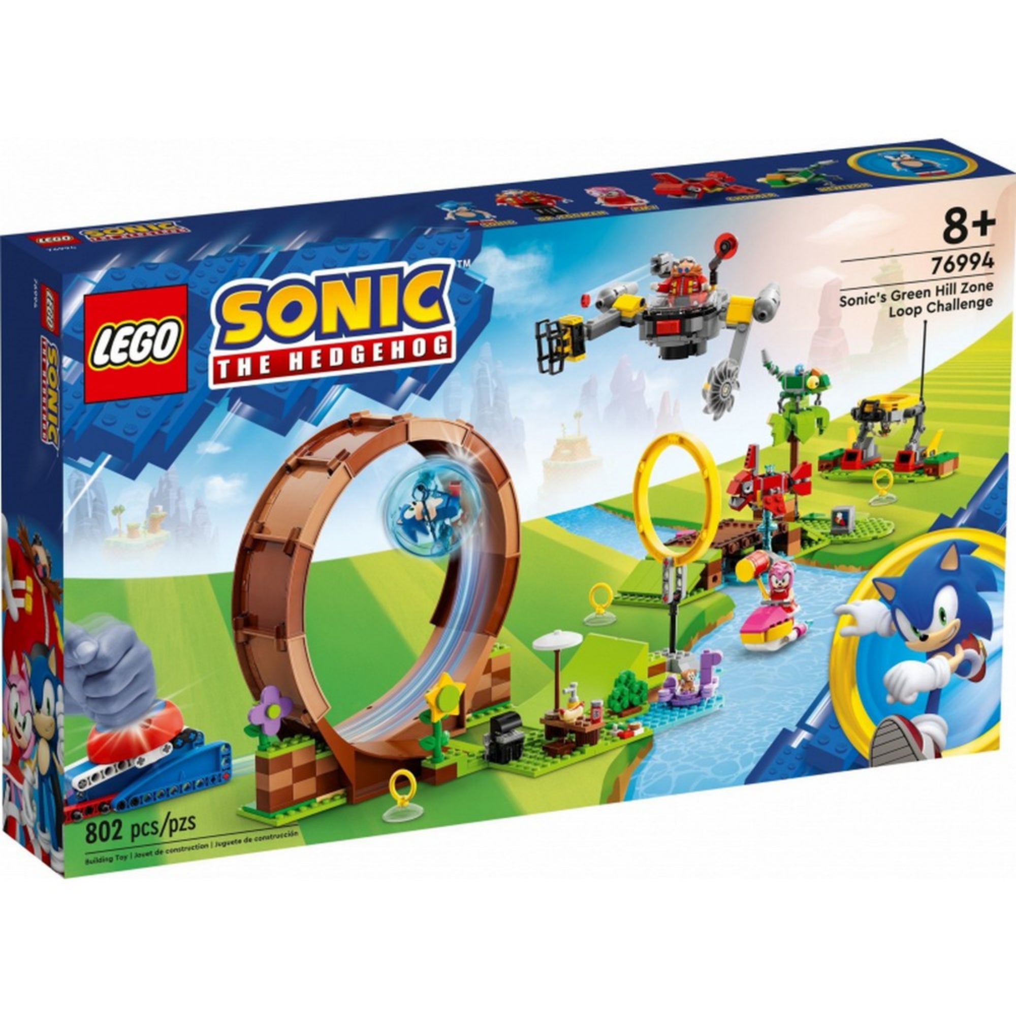 A LEGO Sonic the Hedgehog 76994-es készlet doboza, rajta a Green Hill Zone hurokpálya és a főbb szereplők: Sonic, Amy, Dr. Eggman és az ellenségek, színes háttérrel.