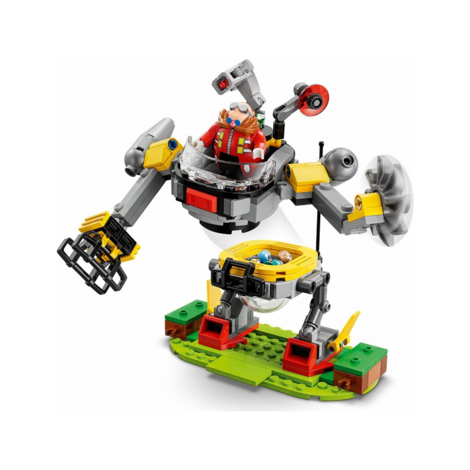 Dr. Eggman LEGO-figurája hatalmas robotikus járgányában a LEGO 76994-es készletből, alatta fogolyként egy áttetsző gömbben Sonic figura.