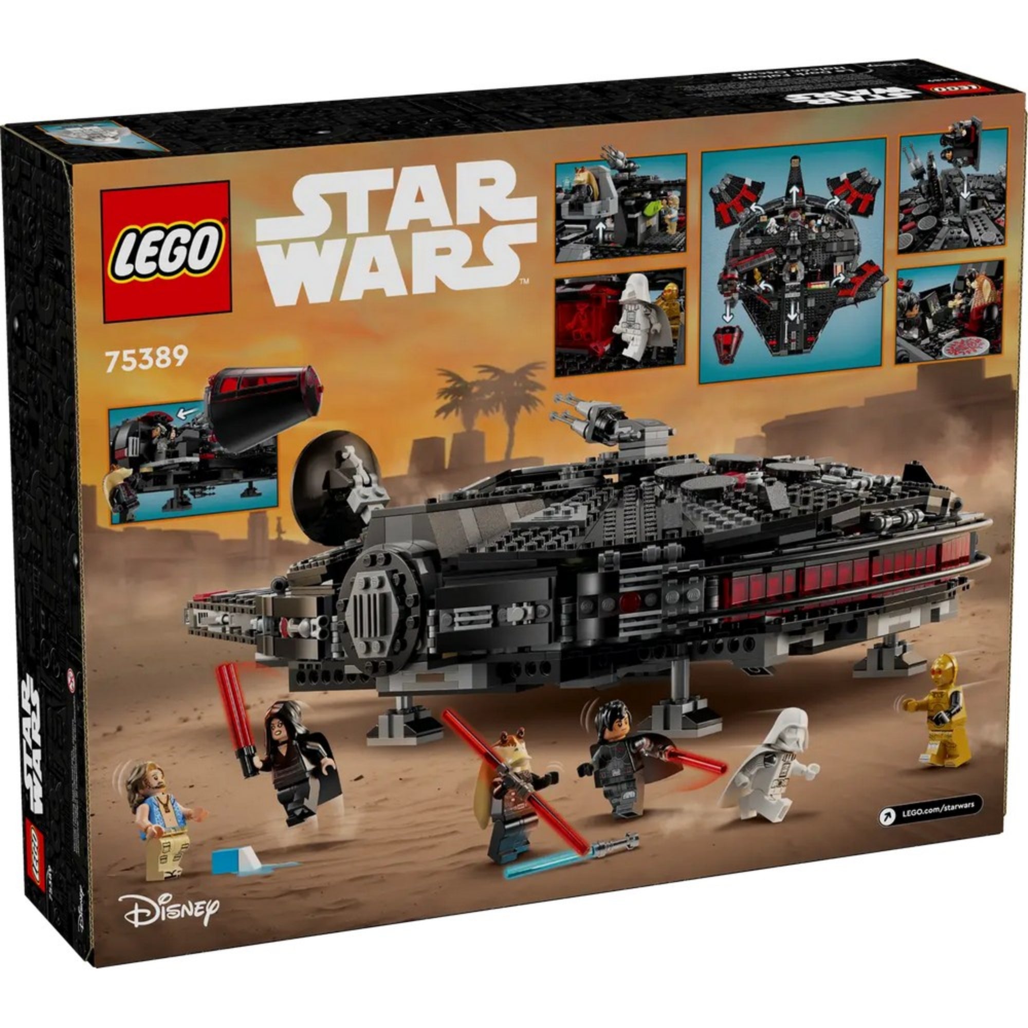 A LEGO Star Wars A Sötét Sólyom (75389) szett dobozának hátoldala, bemutatva a játszható funkciókat, a belső tereket és a karakterek interakcióját a hajó körül.