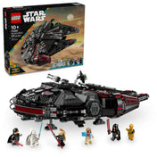 A LEGO Star Wars A Sötét Sólyom (75389) doboza és az előtte elhelyezett, összerakott Millennium Falcon sötét változata, a karakterekkel együtt. A háttérben két naplemente jelenik meg.