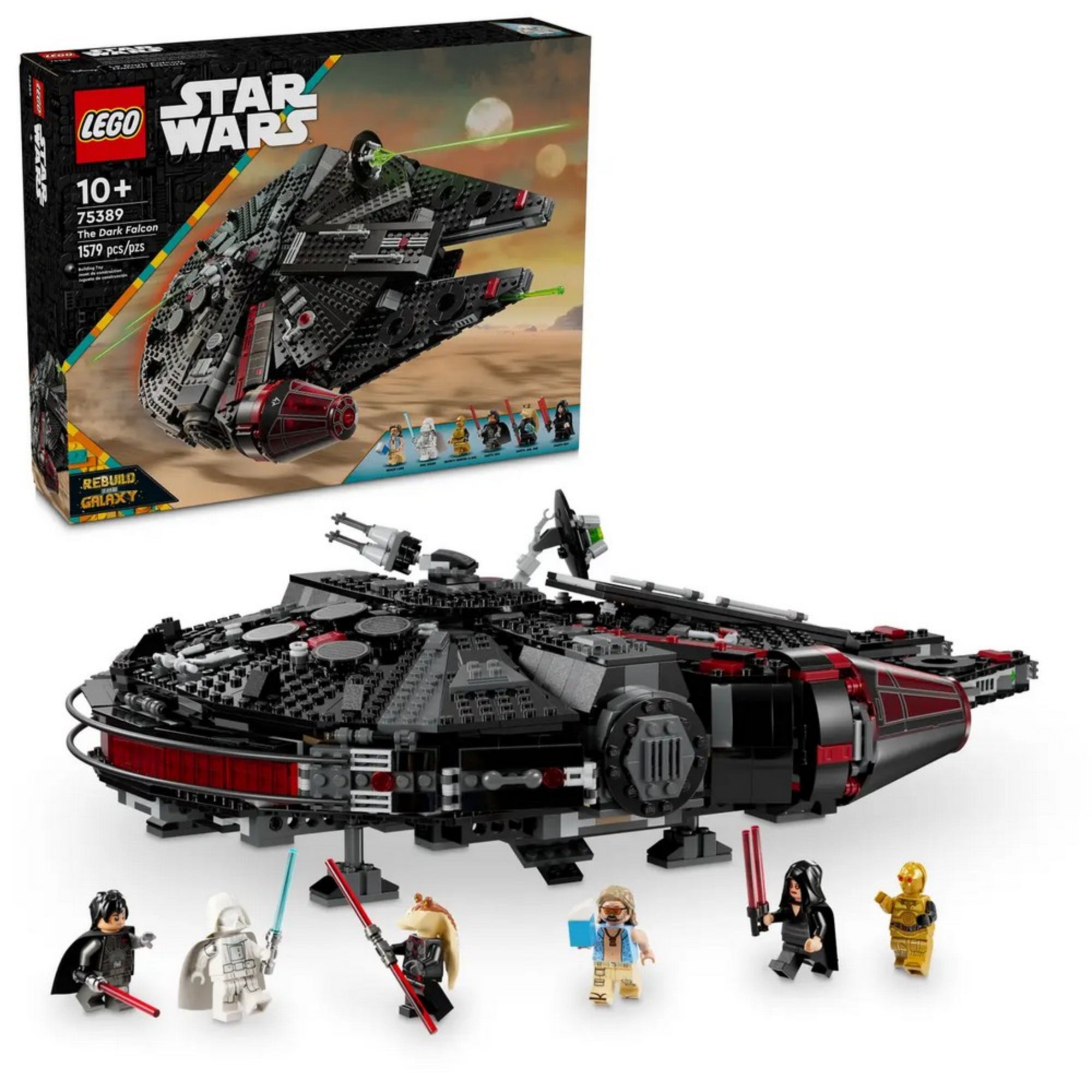 A LEGO Star Wars A Sötét Sólyom (75389) doboza és az előtte elhelyezett, összerakott Millennium Falcon sötét változata, a karakterekkel együtt. A háttérben két naplemente jelenik meg.