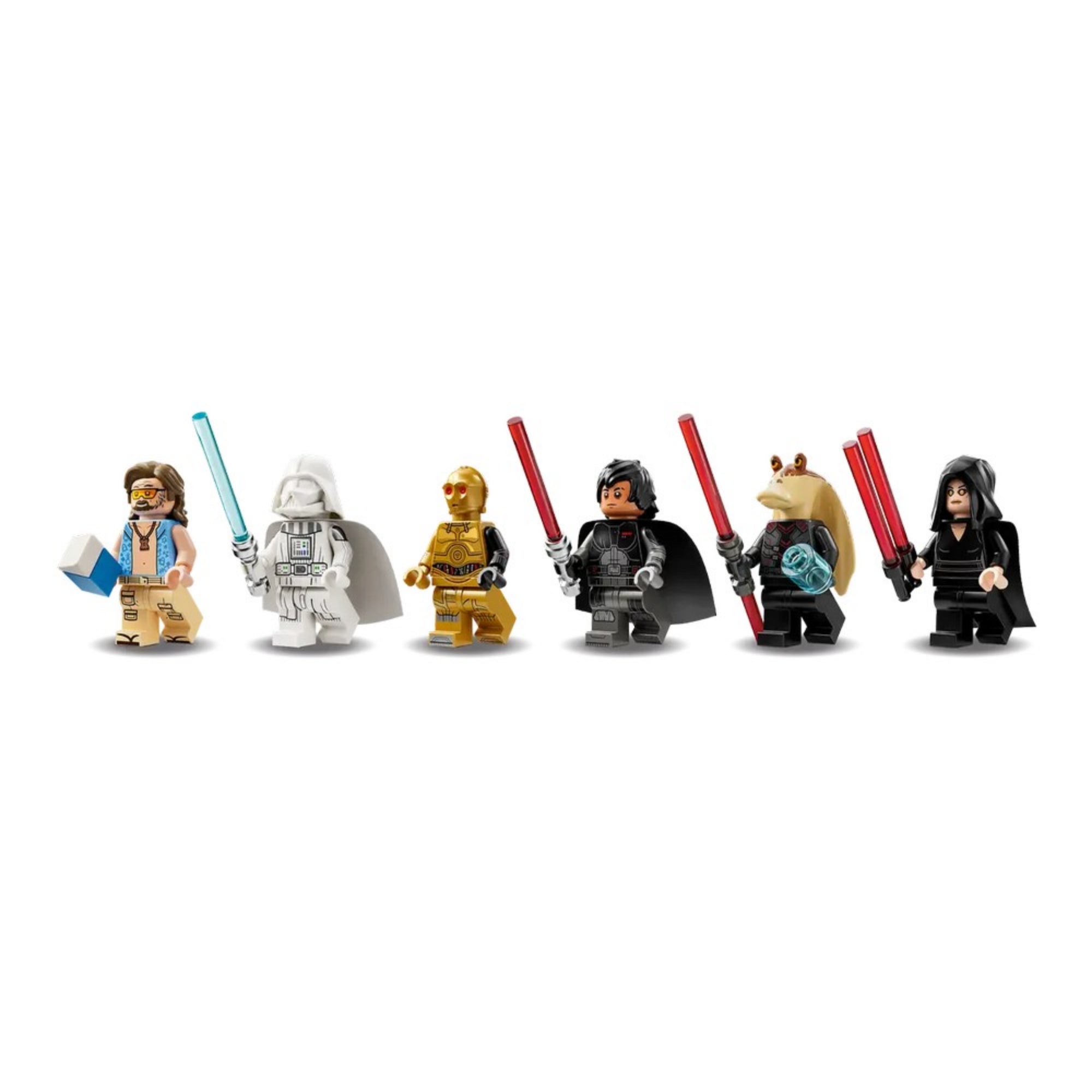 A LEGO Star Wars A Sötét Sólyom (75389) hat exkluzív minifigurája: nyári ruhás karakter világoskék itallal, fehér Darth Vader, arany C-3PO, sötét ruhás női Jedi, Darth Jar Jar dupla vörös fénykarddal és egy fekete köpenyes Sith nő.