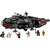 LEGO Star Wars A Sötét Sólyom (75389) teljesen összerakott modellje hat minifigurával az előtérben: Darth Rey, Darth Jar Jar, Darth Vader fehér változata, egy új karakter nyári öltözetben, C-3PO és egy sötét Jedi. A hajó fekete és piros színvilága gonosz hangulatot áraszt.