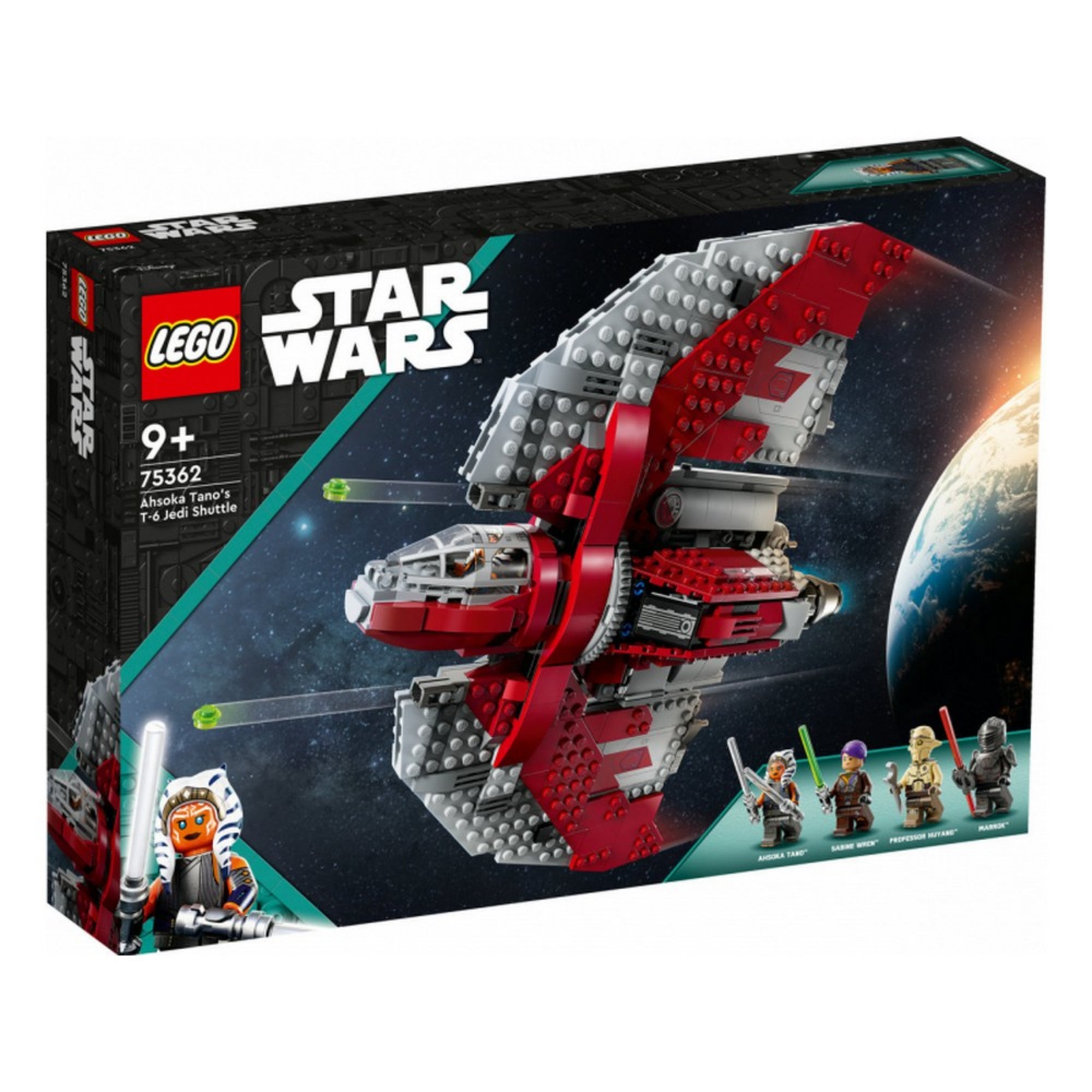 A LEGO Star Wars Ahsoka Tano T-6 jedi shuttle-ja (75362) doboza, amelyen az űrhajó repülés közben, a galaxis háttere előtt látható, alul a négy mellékelt minifigurával: Ahsoka, Sabine, Huyang és Marrok.