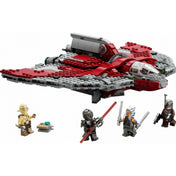 A LEGO Star Wars Ahsoka Tano T-6 jedi shuttle-ja (75362) teljes készlet, amelyen a vörös-szürke színű űrhajó, valamint Ahsoka Tano, Sabine Wren, Professor Huyang és Marrok LEGO minifigurák láthatók, a karakterek fegyverekkel és kiegészítőkkel felszerelve.