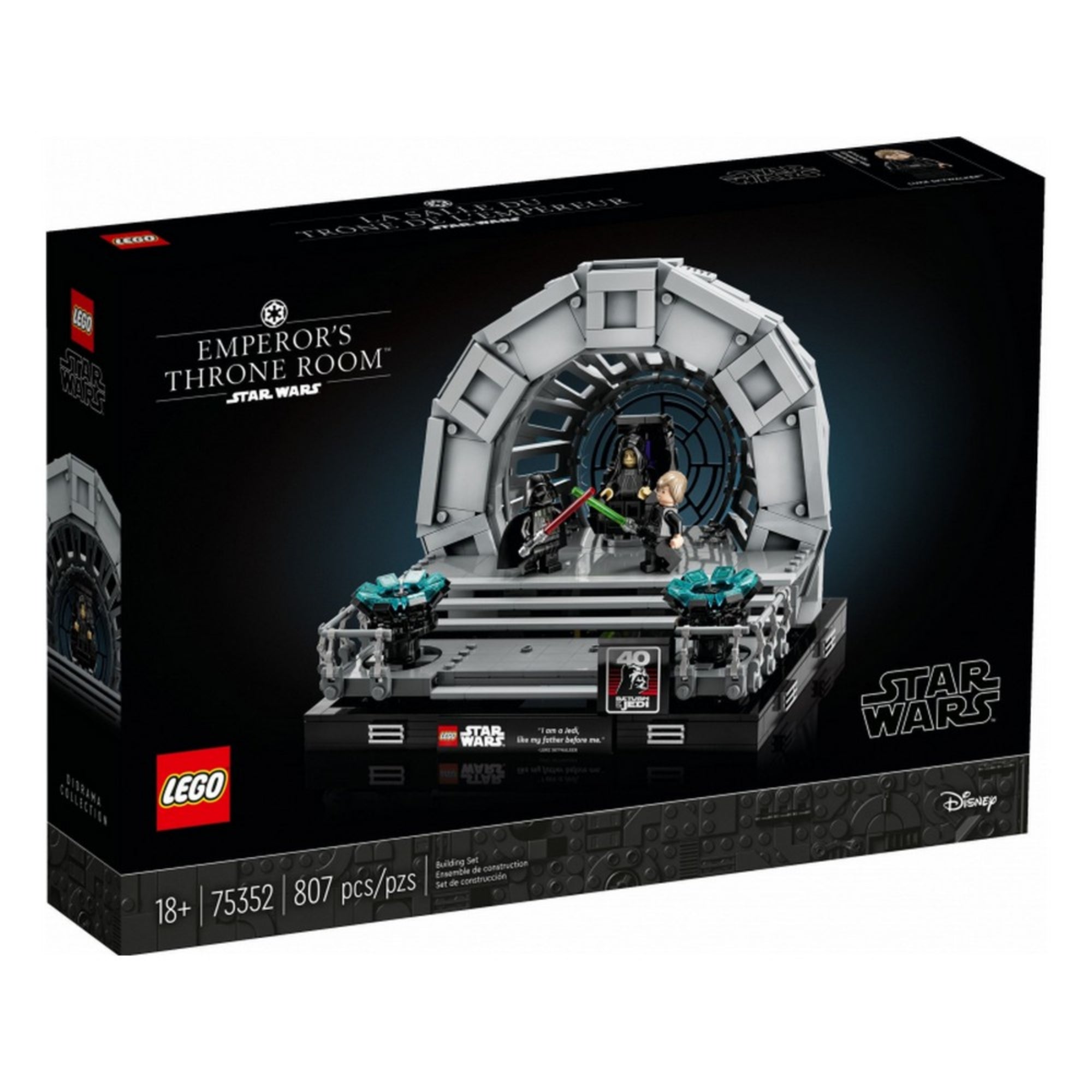 A LEGO Star Wars Császári trónterem dioráma (75352) dobozának eleje, rajta a teljes építmény képe, valamint a Star Wars és 40 év Return of the Jedi logó, 807 darabos készlet jelöléssel.