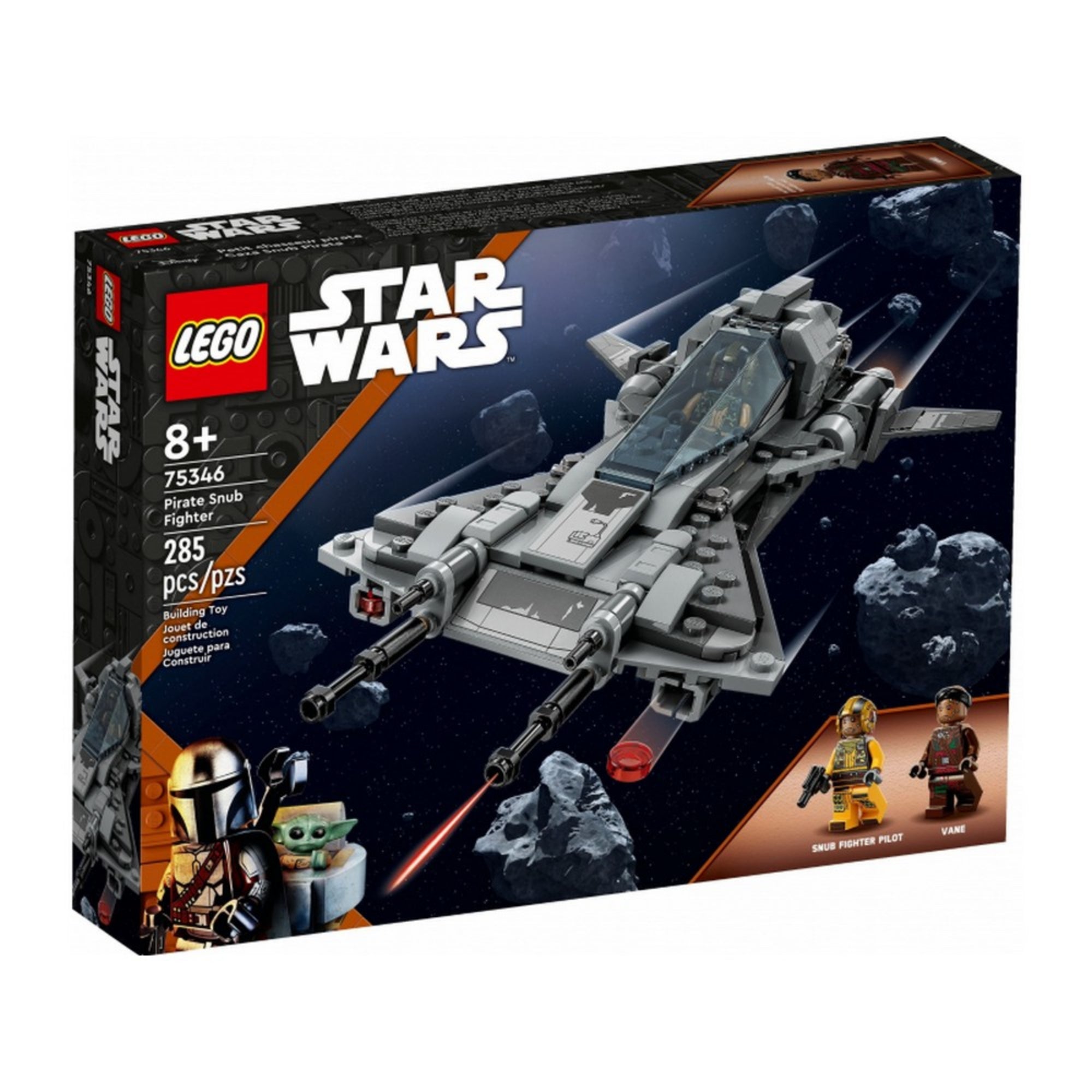 A LEGO Star Wars 75346 doboza, rajta a Kalóz vadászgép akcióban, aszteroidaövben repülve, valamint a két minifigura képe a sarokban.