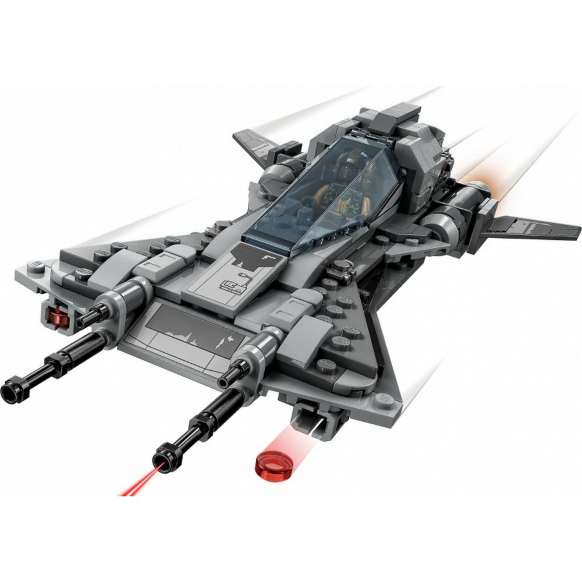 Akcióban a LEGO Star Wars Kalóz vadászgép (75346), a pilóta a kabinban ül, miközben a hajó lézerlövedékeket lő ki előre, sebességcsíkokat hagyva maga után.