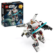 LEGO Star Wars Luke Skywalker X-Wing robotja (75390) – a 195 darabos szett összeszerelt, akciópozícióban látható, háttérben a csomagolással.