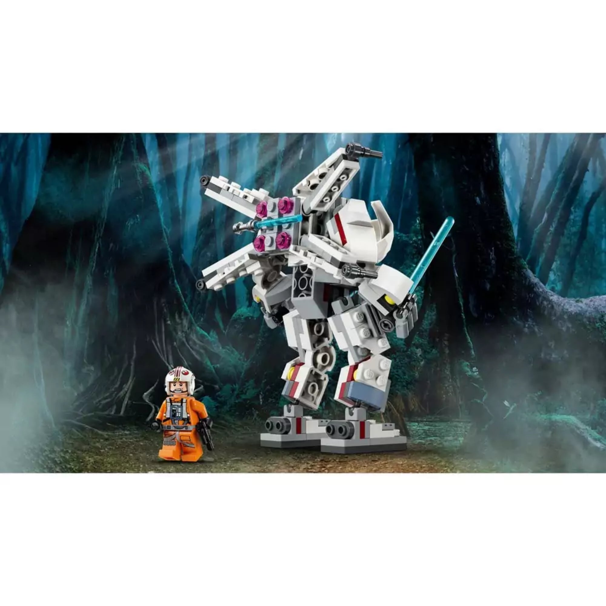 LEGO Star Wars Luke Skywalker X-Wing robotja (75390) – a teljes szett, mozgatható végtagú robottal, Luke minifigurával, és a háttérben az űrt idéző jelenettel.