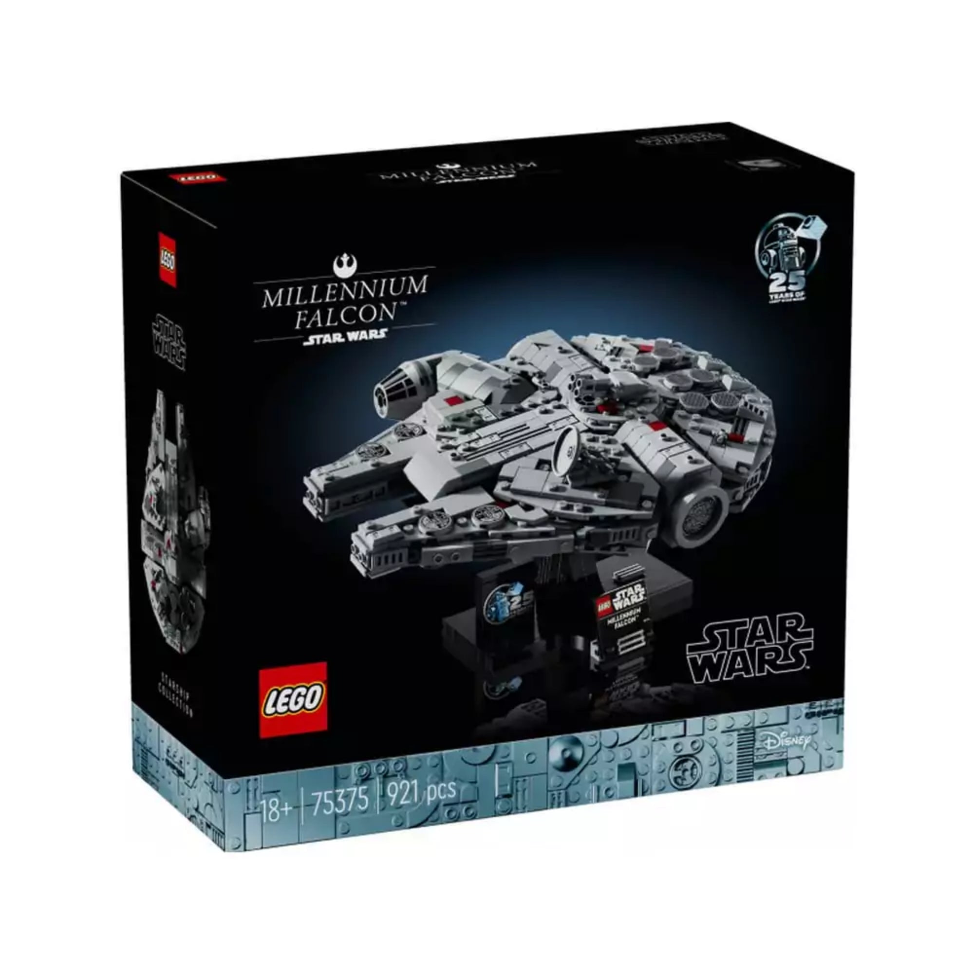 A LEGO Star Wars Millennium Falcon (75375) szett díszdoboza, fekete alapszínű háttérrel, középen a Millennium Falcon részletes, kicsinyített változatával egy kiállítóállványon, az ikonikus 25 éves Star Wars évfordulós logóval és a LEGO Star Wars felirattal, valamint a doboz bal alsó sarkában a piros LEGO logóval.