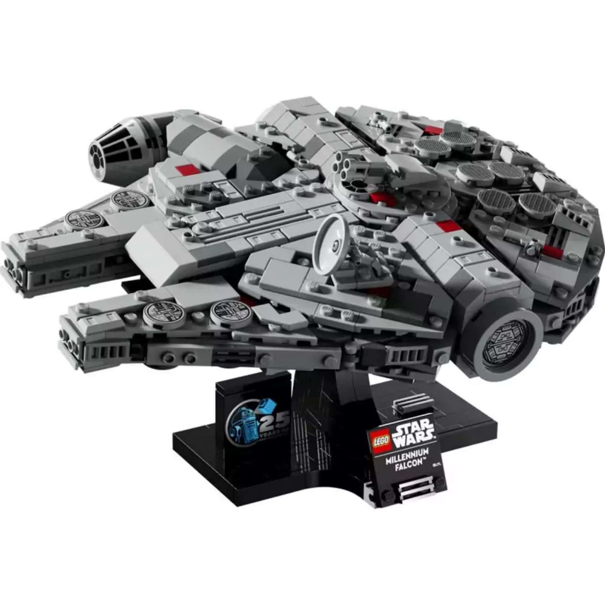 A LEGO Star Wars Millennium Falcon (75375) készlet összerakott hajója sötét kiállítóállványon, részletes kidolgozással, ikonikus kerek formával, szürke és sötétszürke elemekből, finoman elhelyezett piros díszítésekkel és a kiállítótáblán jól látható 25. évfordulós emblémával.