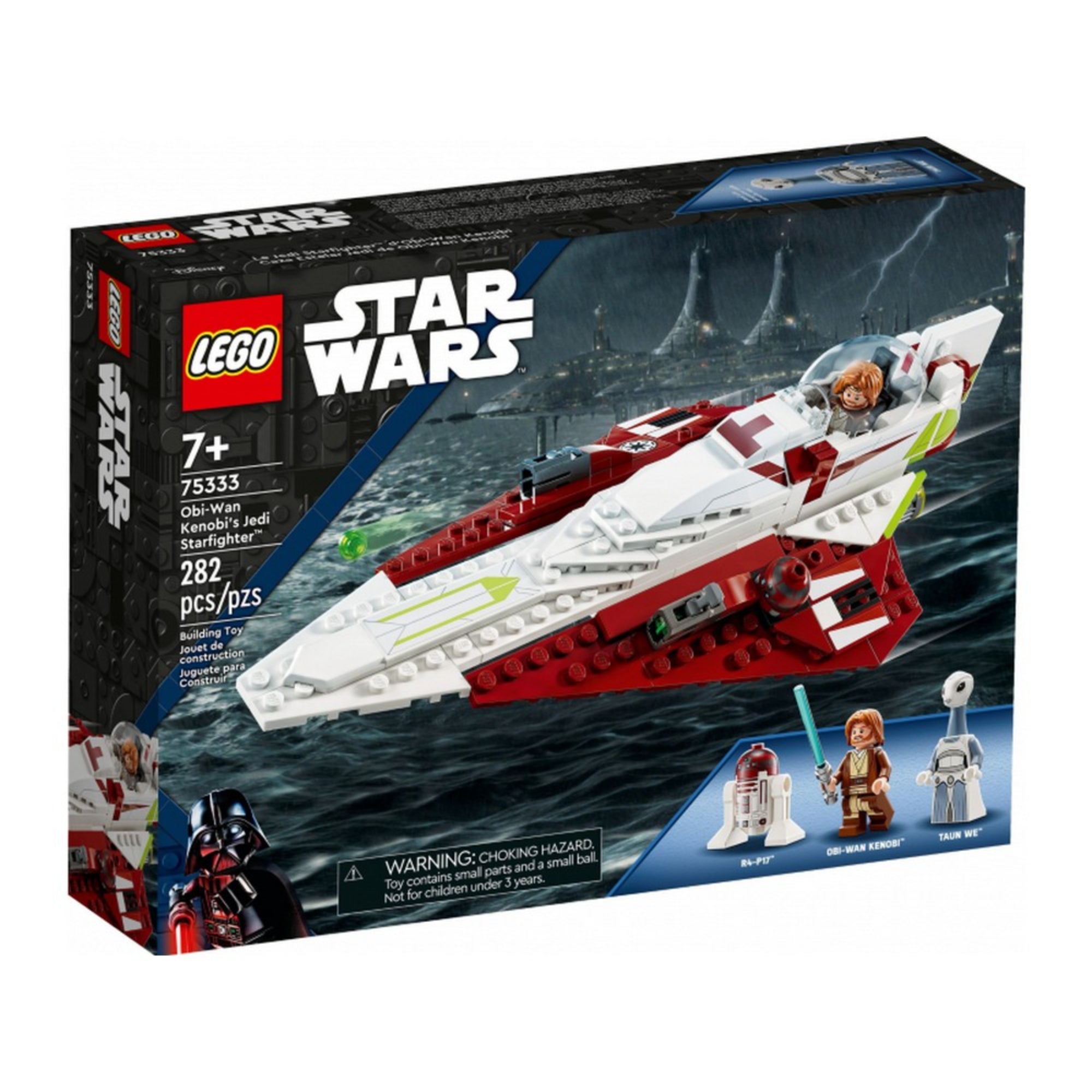 A LEGO Star Wars 75333-as szett doboza, melyen a Jedi Starfighter akcióban látható az esőáztatta Kamino bolygó hátterével és a három mellékelt figura illusztrációjával.