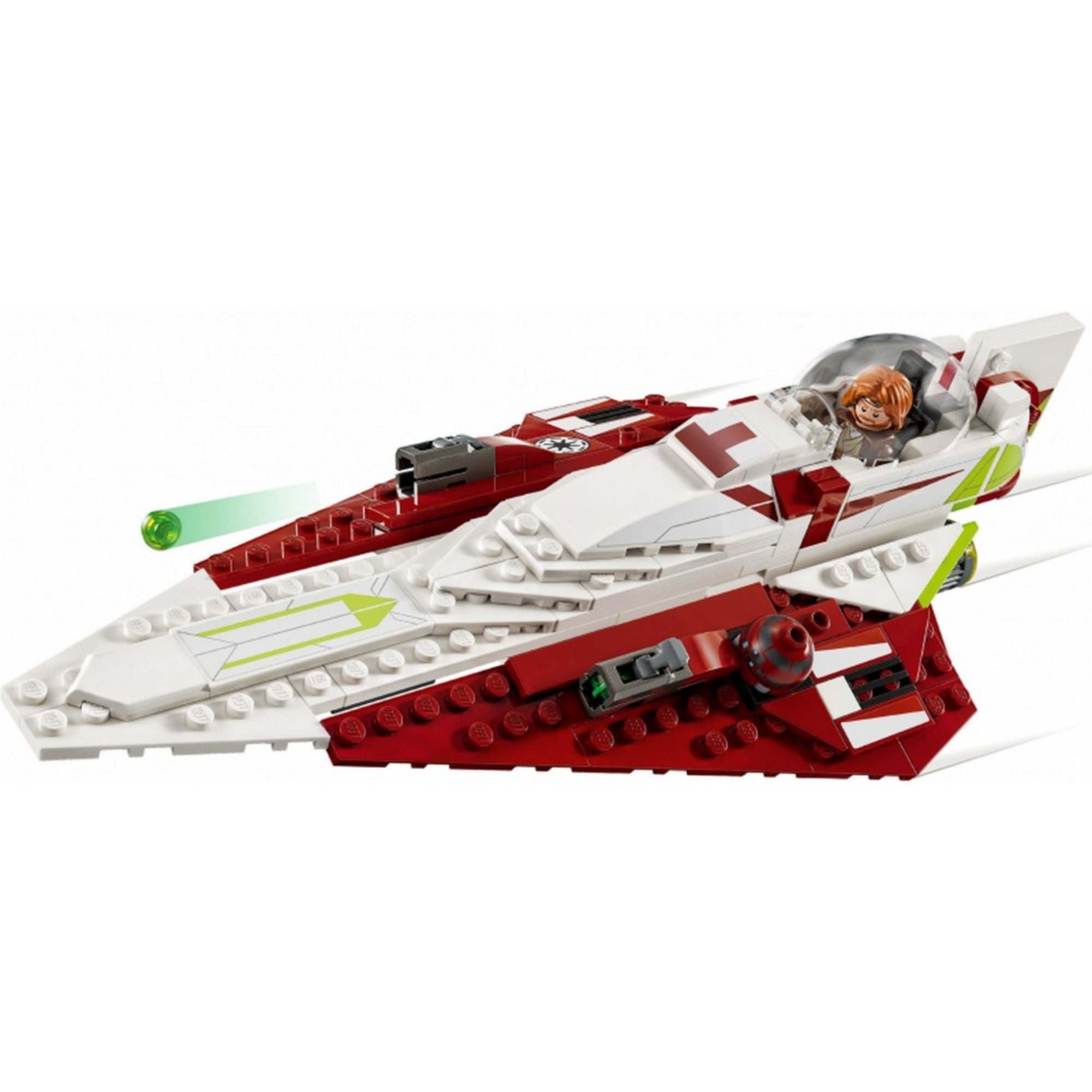 A Jedi Starfighter oldalnézetből, zárt pilótafülkével, beültetett Obi-Wan figurával és kibillentett zöld lövedékkel; a gép piros-fehér színe dominál sárga és zöld részletekkel.