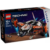 A LEGO Technic VTOL teherszállító űrhajó LT81 (42181) készlet dobozának előnézeti képe, a háttérben marsi tájjal és a modell kiemelt részleteivel, a dobozon a „Space” logó is látható.