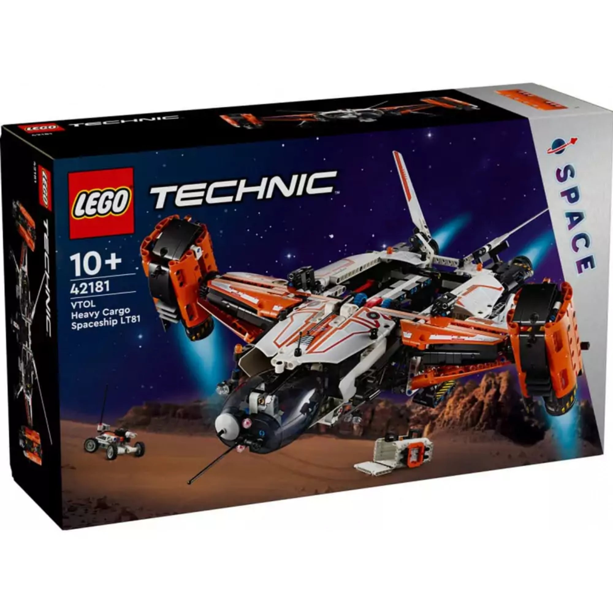 A LEGO Technic VTOL teherszállító űrhajó LT81 (42181) készlet dobozának előnézeti képe, a háttérben marsi tájjal és a modell kiemelt részleteivel, a dobozon a „Space” logó is látható.