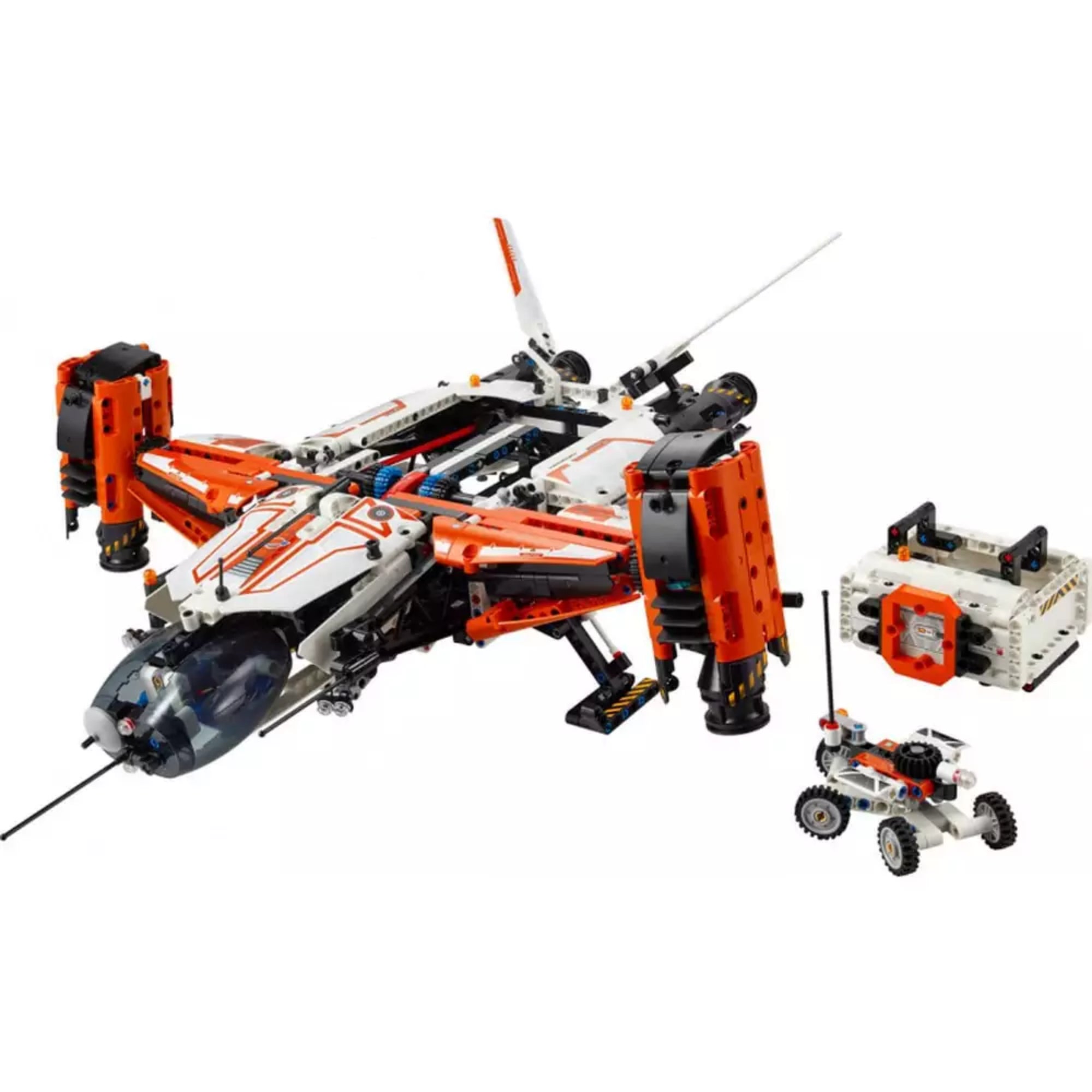 Részletes kép a LEGO Technic VTOL teherszállító űrhajó LT81 (42181) teljesen összerakott modelljéről, amely narancssárga, fekete és fehér színekben pompázik, és tartalmaz egy mini felfedező járművet és rakományt is.