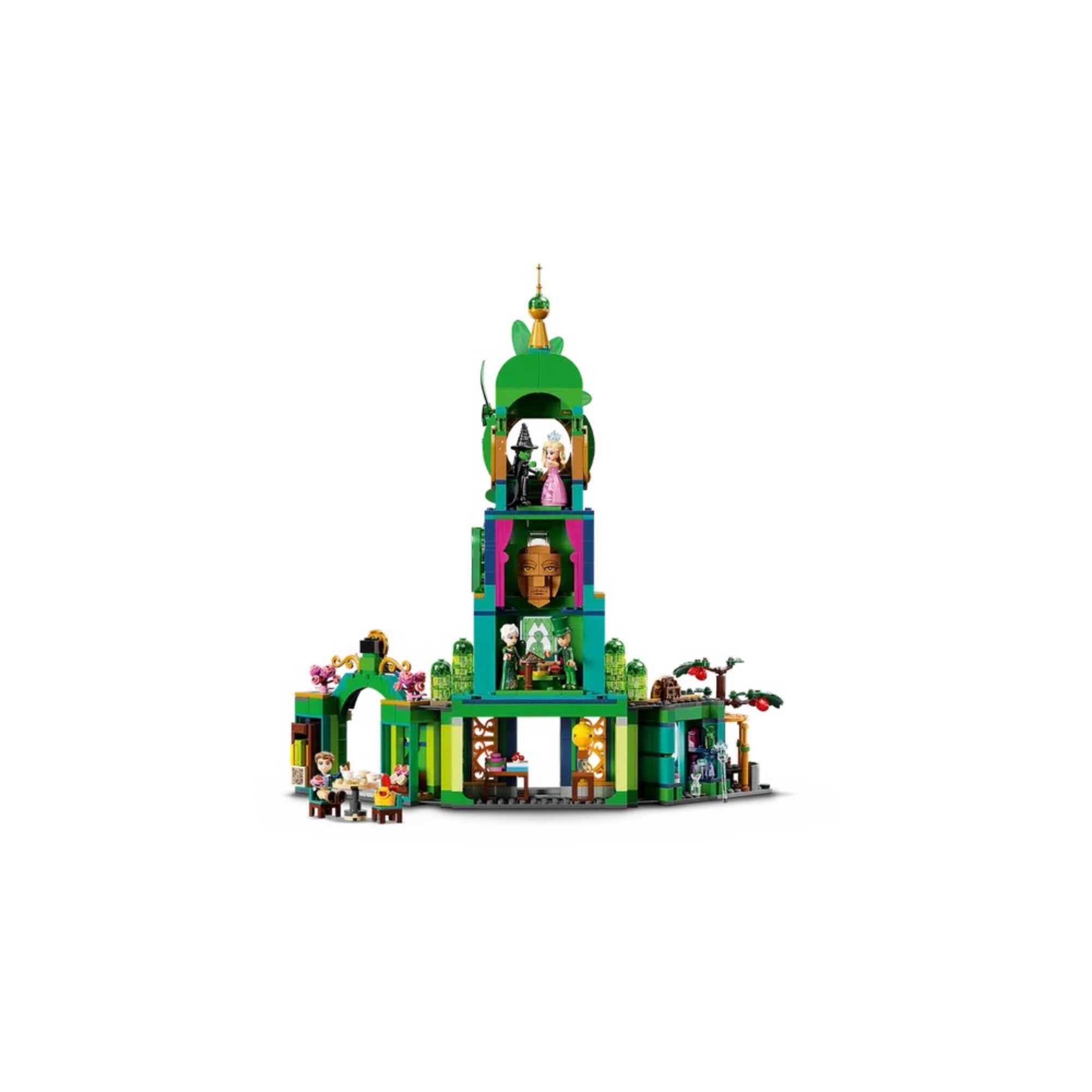 A LEGO Wicked – Köszöntünk Emerald Cityben (75684) készlet teljes tornya belső nézetben, színes részletekkel, több szinten elhelyezett karakterekkel és különféle berendezési tárgyakkal.