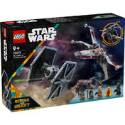 A LEGO Star Wars TIE Fighter és X-Wing mash-up szett (75393) színes, akciódús doboza, amely a két hajó összecsapását ábrázolja űrbéli háttér előtt.