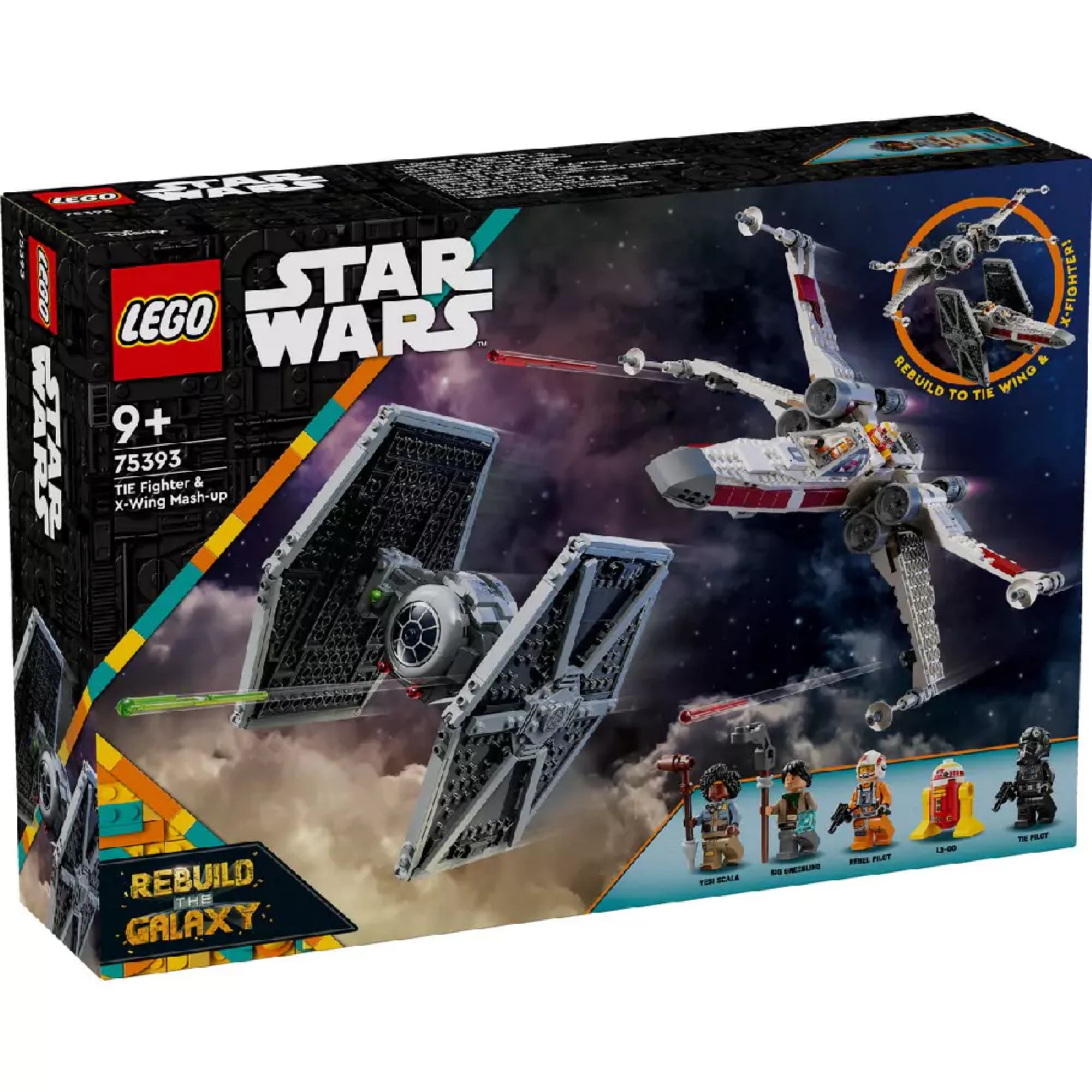 A LEGO Star Wars TIE Fighter és X-Wing mash-up szett (75393) színes, akciódús doboza, amely a két hajó összecsapását ábrázolja űrbéli háttér előtt.