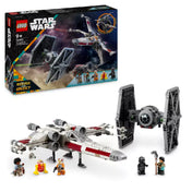 A LEGO Star Wars TIE Fighter és X-Wing mix (75393) doboza és a készlet összerakva, előtérben a hat minifigurával, háttérben a csillagközi csata jelenetével.