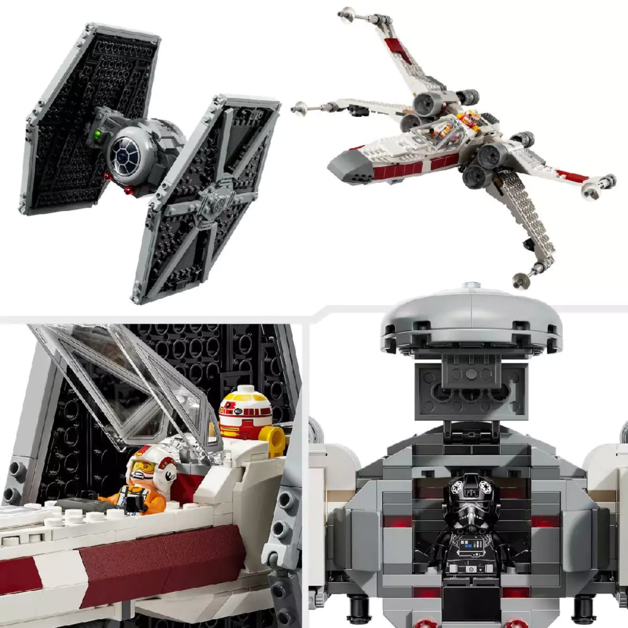 LEGO Star Wars TIE Fighter és X-Wing keverékszett részletei: felső képen a két űrhajó külön-külön, alul pedig a pilótafülkék és a belső tér minifigurákkal.