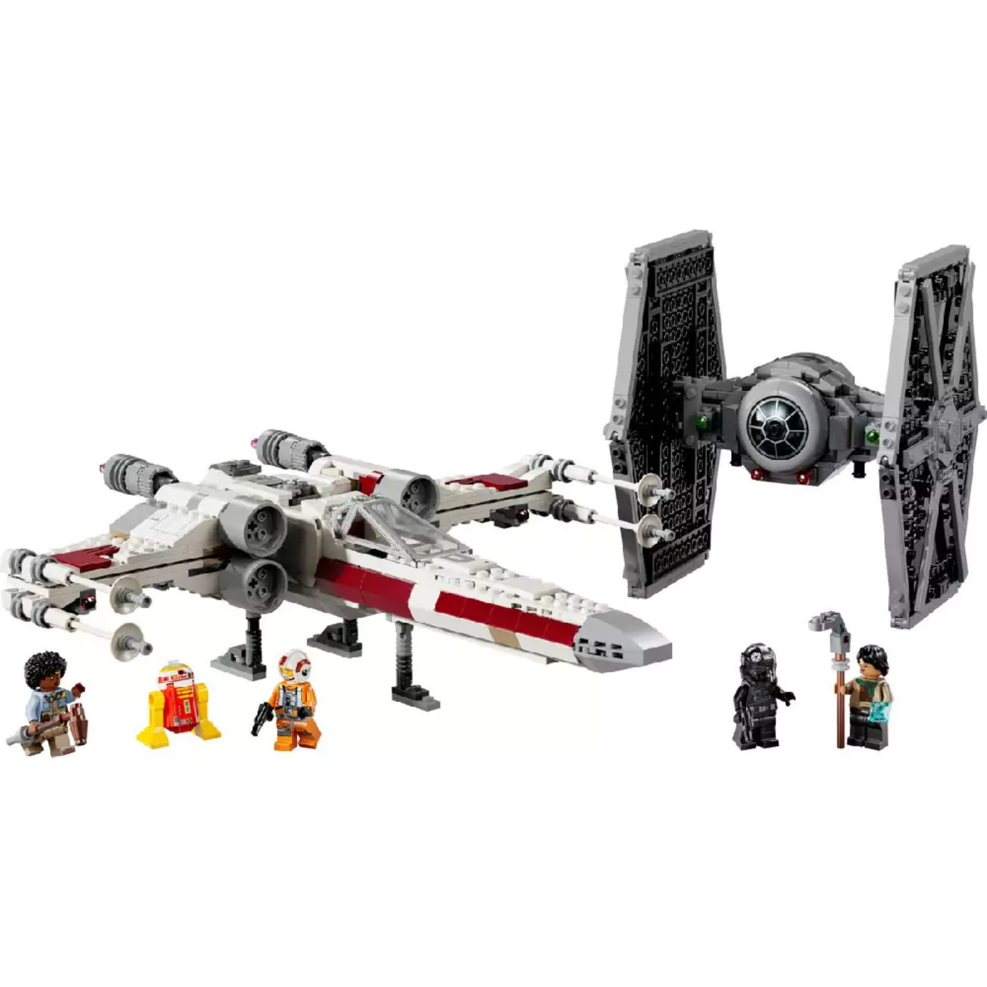 A LEGO Star Wars 75393 TIE Fighter és X-Wing mix teljes készlete megépítve, hat minifigurával – köztük egy droiddal és két pilótával – a két ikonikus hajó mellett elhelyezve.