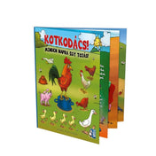 Kotkodács! – Minden napra egy tojás! vidám mondókás gyerekkönyv borítója, amelyen kakas, tyúkok, kiscsibék, liba és kismalac láthatók színes illusztrációban.