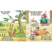 Kotkodács! mondókás könyv belső oldala, amely színes rajzokkal és ismert magyar mondókákkal illusztrált, például Nyuszi fület hegyezi és Egyedem-begyedem tengertánc.