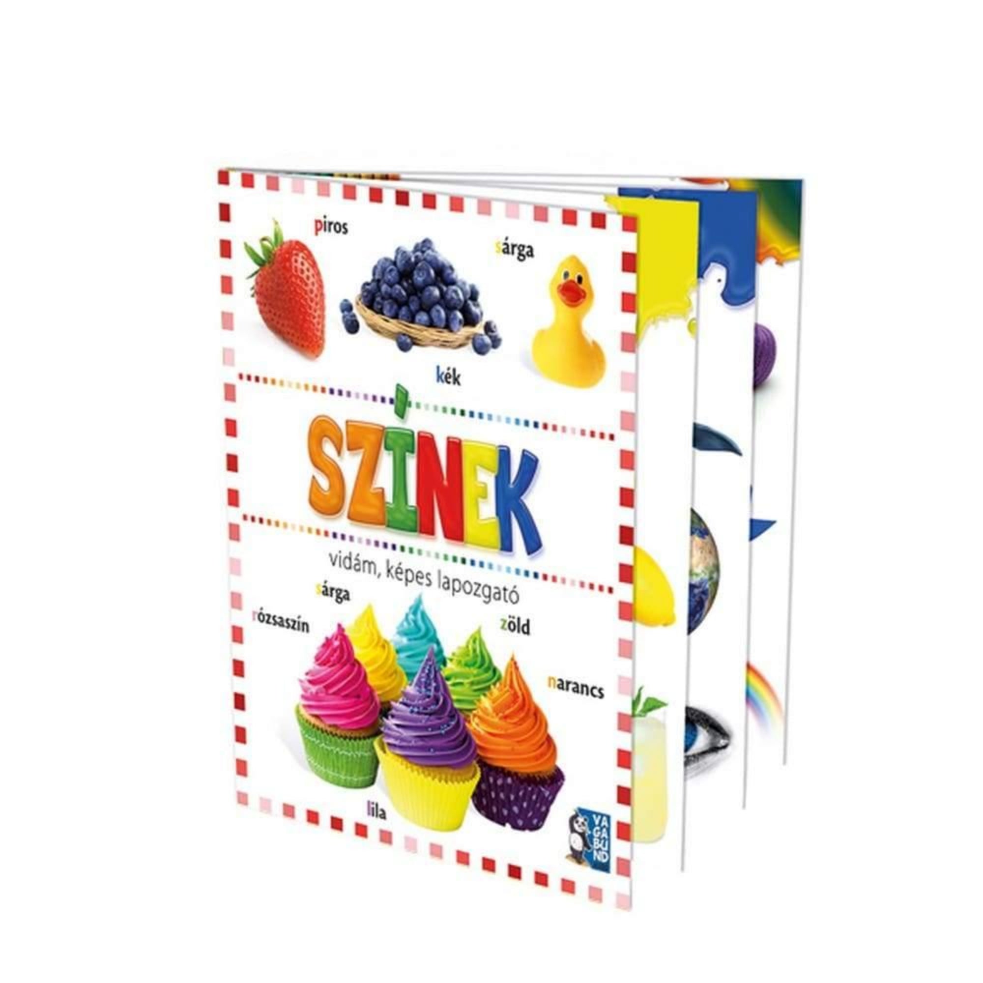 „Színek – vidám, képes lapozgató gyerekkönyv borítója, amelyen színes tárgyak és édességek láthatók, például eper, áfonya, sárga kacsa és szivárványszínű muffinok.”