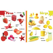 Színek gyerekkönyv belső oldala, ahol a piros és sárga színekhez kapcsolódó tárgyak és állatok szerepelnek, például paprika, paradicsom, cseresznye, csibe, citrom és napernyő.