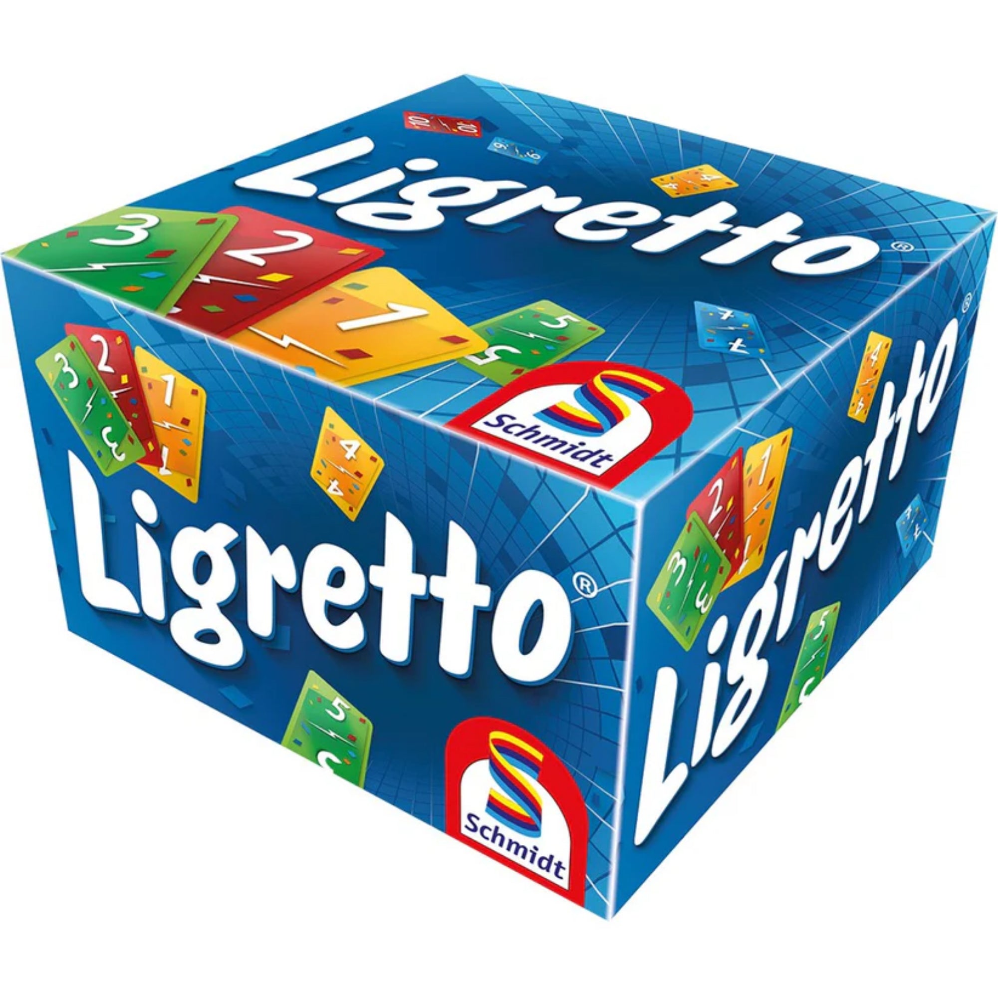 A Ligretto Blue gyorsasági kártyajáték élénk kék színű doboza, színes kártyákkal díszítve, rajta a Schmidt logó és a Ligretto felirat.
