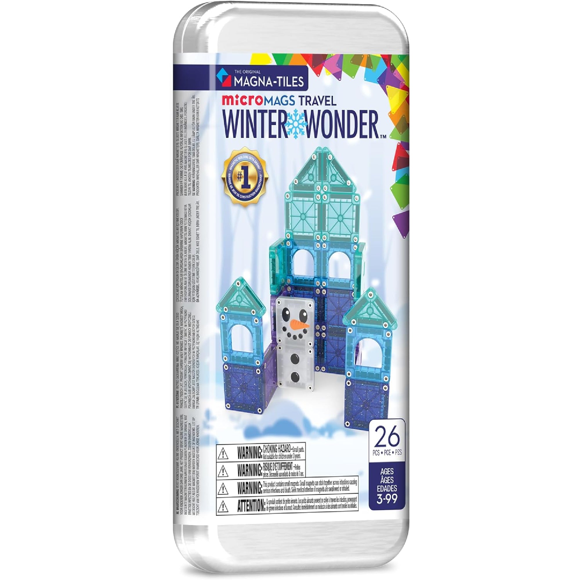 A Magna-Tiles Winter Wonder Travel Set csomagolása, amelyen a készletből épített hóemberes jégpalota látható, 26 darab mágneses elemmel.