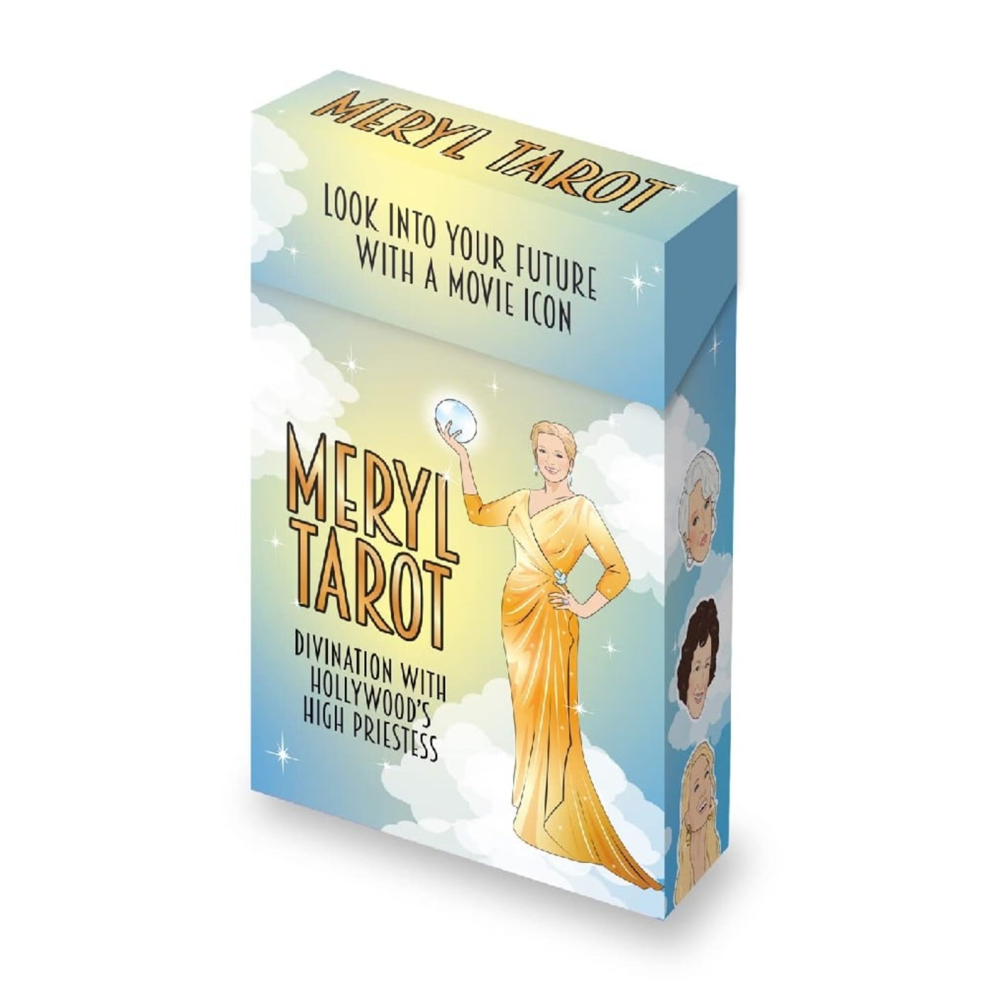 A képen a „Meryl Tarot” nevű tarotkártya csomag látható, amely Hollywood ikonikus alakját, Meryl Streepet idézi meg. A doboz elején egy rajzolt Meryl figura szerepel arany ruhában, kristálygömböt tartva, mintha ő lenne a jövőbe látó papnő. A feliratok azt ígérik: „Look into your future with a movie icon” és „Divination with Hollywood’s High Priestess”. A csomag dizájnja csillagokkal, felhőkkel és további ikonikus szerepeket megidéző portrékkal van díszítve, utalva Meryl sokoldalú filmes karrierjére.