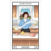 A képen a Meryl Tarot pakli „Temperance” (Mértékletesség) nevű lapja látható, amelyen Julia Child szerepel, a „Julie & Julia” című filmből ismert karakter. A kártya illusztrációja egy konyhai jelenetet ábrázol, ahol Julia mosolyogva kever egy átlátszó folyadékot két edény között, szimbolizálva az egyensúlyt és harmóniát. Az asztalon sajt, lábasok, a háttérben hegyek és egy korona díszíti az ablakon túli tájat, utalva a belső béke és mesterségbeli tudás „megkoronázására”.