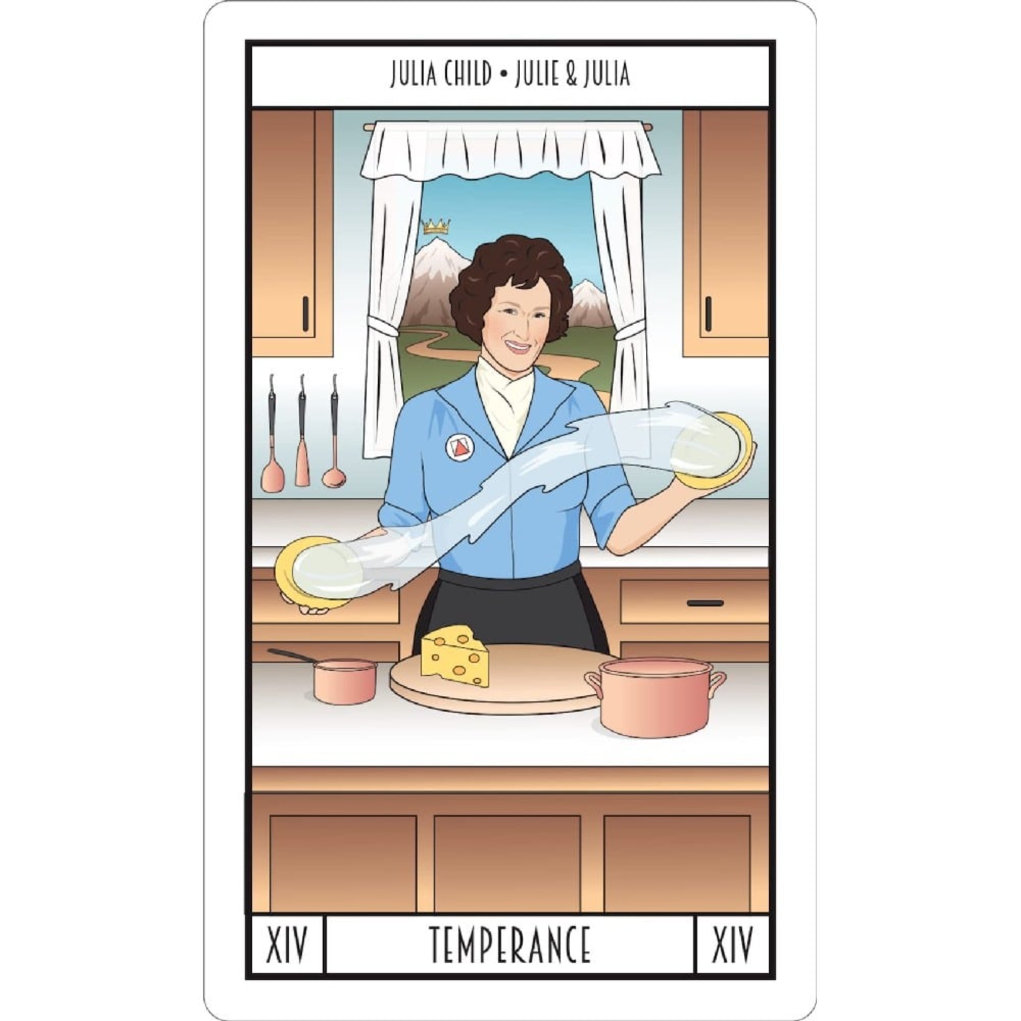 A képen a Meryl Tarot pakli „Temperance” (Mértékletesség) nevű lapja látható, amelyen Julia Child szerepel, a „Julie & Julia” című filmből ismert karakter. A kártya illusztrációja egy konyhai jelenetet ábrázol, ahol Julia mosolyogva kever egy átlátszó folyadékot két edény között, szimbolizálva az egyensúlyt és harmóniát. Az asztalon sajt, lábasok, a háttérben hegyek és egy korona díszíti az ablakon túli tájat, utalva a belső béke és mesterségbeli tudás „megkoronázására”.