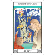 A képen a Meryl Tarot „The Tower” (A Torony) lapja látható, Joanna Kramer karakterével a Kramer kontra Kramer című filmből. A kártya illusztrációja egy megrázó, érzelmes jelenetet ábrázol: egy kisfiú egy égő, villám sújtotta torony rajzát mutatja, miközben édesanyja fájdalmasan lehajtja a fejét. A rajz szimbolikusan jeleníti meg a család széthullását, a válságot és a hirtelen változásokat.