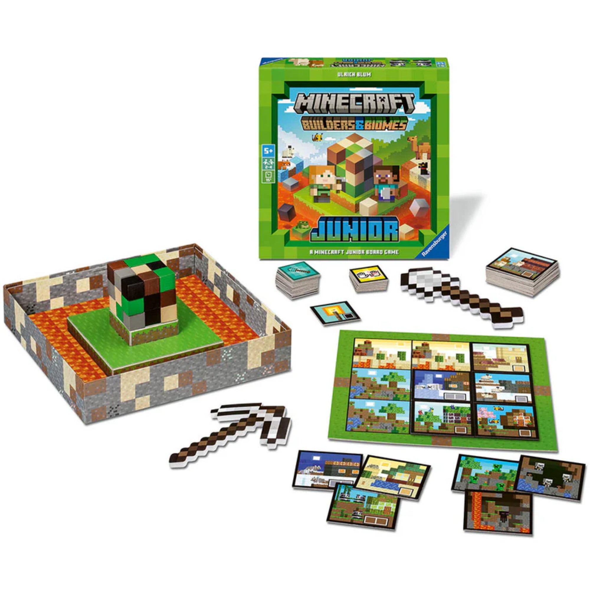 A képen a Minecraft Builders & Biomes Junior társasjáték tartalma látható kibontva. A játék elemei tökéletesen tükrözik a Minecraft világ jól ismert pixeles stílusát. A középpontban egy kockatorony áll, amelyet a játékosok fokozatosan bontanak le, miközben különböző blokkokat gyűjtenek.
A játéktér a doboz aljából alakítható ki, melyet láva szegélyez, ezáltal egyedi, Minecraft-ihlette keretet adva a játéknak. A kép bal alsó részén egy pixeles csákány és egy ásó található, amelyek segédeszközként szolgálnak