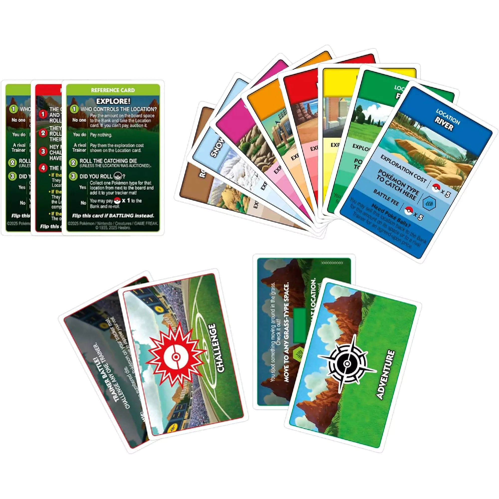 Monopoly Pokémon társasjáték kártyái, köztük kalandkártyák, kihíváslapok és színes helyszínek.